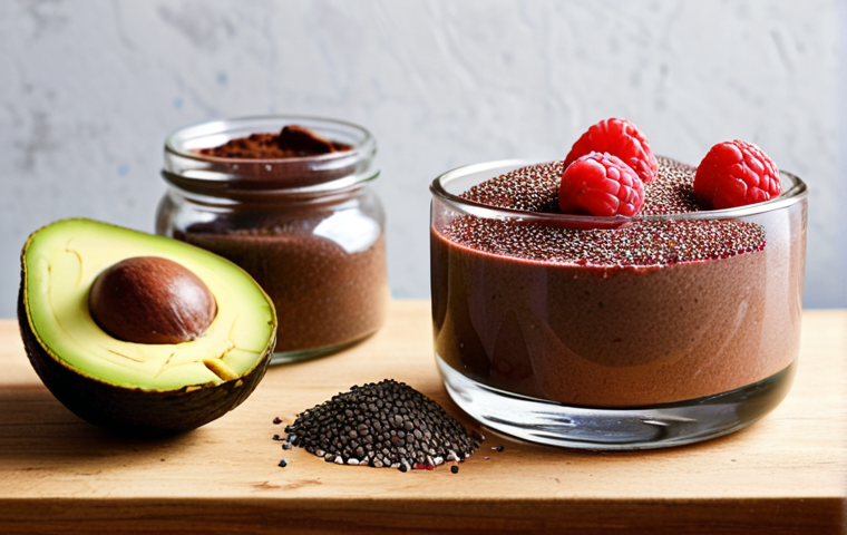 **Image:** A brightly lit kitchen scene. On a wooden countertop, there's a homemade chocolate mousse in a glass bowl, garnished with fresh raspberries and chia seeds. Next to it are ingredients: ripe avocados, cocoa powder, a jar of honey, and a small bowl of chia seeds. Focus on the textures and vibrant colors.