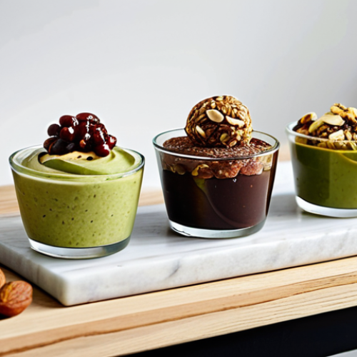 A vibrant and inviting display of various healthy, plant-based sweet treats. Features include a rich avocado chocolate mousse in a glass ramekin, colorful energy balls made with dates and nuts, and a slice of a golden banana-oat cake. Each item showcases natural ingredients and tempting textures. Set on a clean, light-colored kitchen counter or a rustic wooden table, with soft, natural daylight illuminating the scene. A few fresh ingredients like whole dates, almonds, and berries are artfully scattered nearby. Professional food photography, high resolution, soft focus on the delicious textures, appropriate content, safe for work, fully clothed, modest, family-friendly, perfect anatomy, correct proportions, natural pose.