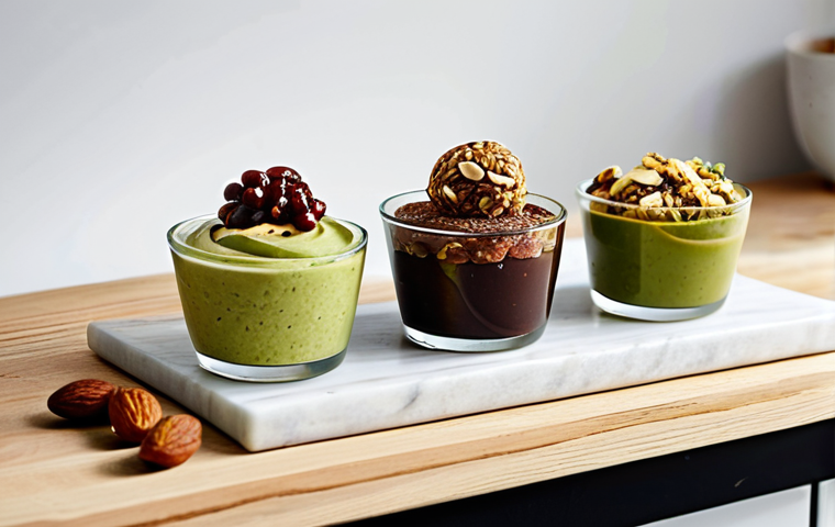 A vibrant and inviting display of various healthy, plant-based sweet treats. Features include a rich avocado chocolate mousse in a glass ramekin, colorful energy balls made with dates and nuts, and a slice of a golden banana-oat cake. Each item showcases natural ingredients and tempting textures. Set on a clean, light-colored kitchen counter or a rustic wooden table, with soft, natural daylight illuminating the scene. A few fresh ingredients like whole dates, almonds, and berries are artfully scattered nearby. Professional food photography, high resolution, soft focus on the delicious textures, appropriate content, safe for work, fully clothed, modest, family-friendly, perfect anatomy, correct proportions, natural pose.