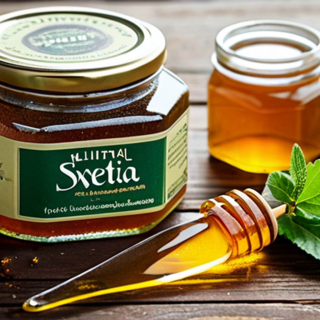 **
A vibrant display of natural sweeteners including stevia leaves, xylitol crystals, and a jar of amber honey, arranged on a rustic wooden table. Soft, natural lighting. Focus on textures and colors. "Safe for work," "appropriate content," "fully clothed" (referring to anyone depicted gathering these ingredients elsewhere), "professional" product photography, perfect composition, high resolution.
**