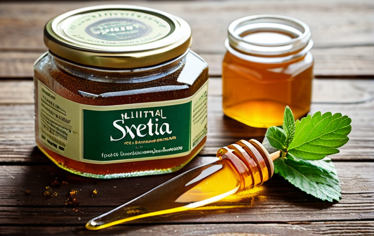 **
A vibrant display of natural sweeteners including stevia leaves, xylitol crystals, and a jar of amber honey, arranged on a rustic wooden table. Soft, natural lighting. Focus on textures and colors. "Safe for work," "appropriate content," "fully clothed" (referring to anyone depicted gathering these ingredients elsewhere), "professional" product photography, perfect composition, high resolution.
**