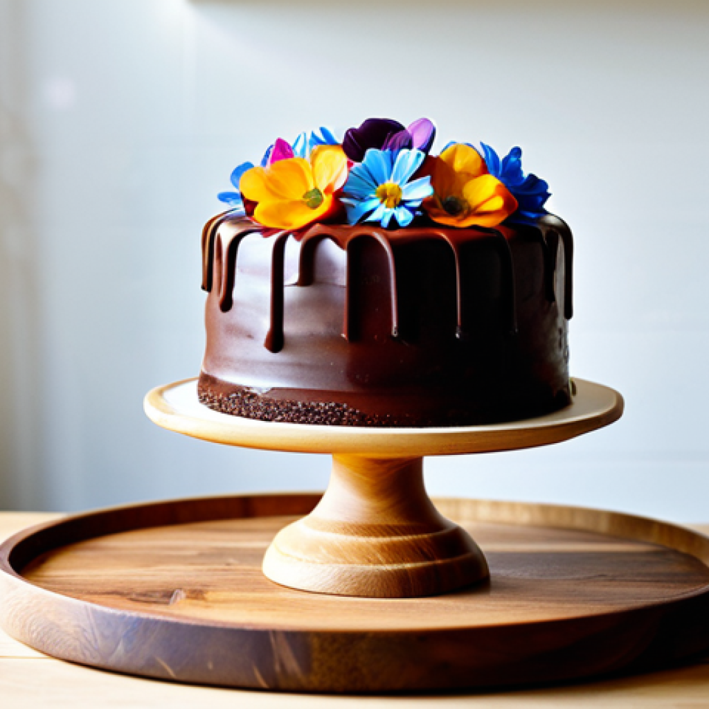 디저트의 비주얼을 강조하는 방법 - Elegant Cake Display**
A beautifully decorated cake with a ganache topping and edible flowers, disp...
