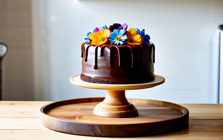 디저트의 비주얼을 강조하는 방법 - Elegant Cake Display**
A beautifully decorated cake with a ganache topping and edible flowers, disp...