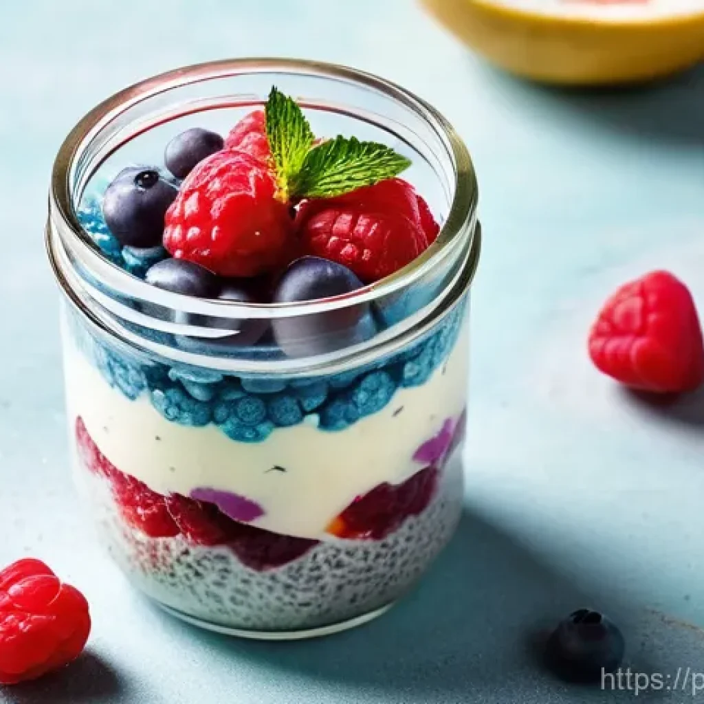 뱃살 감소를 도와주는 건강 디저트 - **Prompt:** A close-up, high-angle shot of a beautifully layered chia seed pudding in a clear glass ...