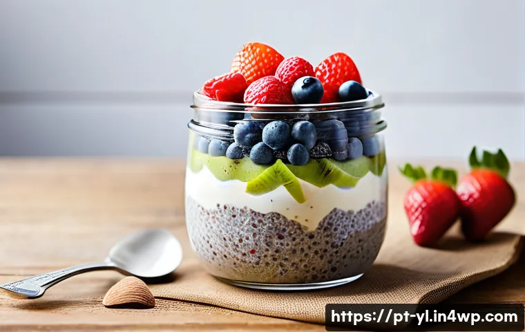 다양한 슈퍼푸드를 활용한 건강 디저트 - **Prompt:** A vibrant and visually appealing healthy dessert, a 'Superfood Chia Pudding.' The image ...