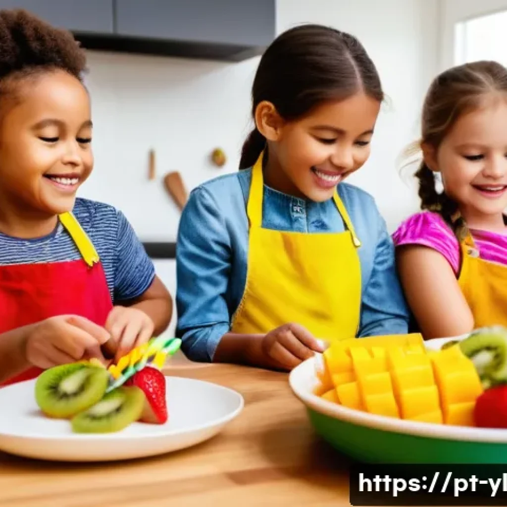 아이들과 함께 만들기 좋은 건강 디저트 - **Vibrant Fruit Fiesta: Little Chefs Crafting Colorful Skewers**
A group of diverse children, ag...