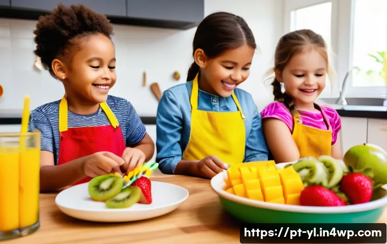 아이들과 함께 만들기 좋은 건강 디저트 - **Vibrant Fruit Fiesta: Little Chefs Crafting Colorful Skewers**
A group of diverse children, ag...
