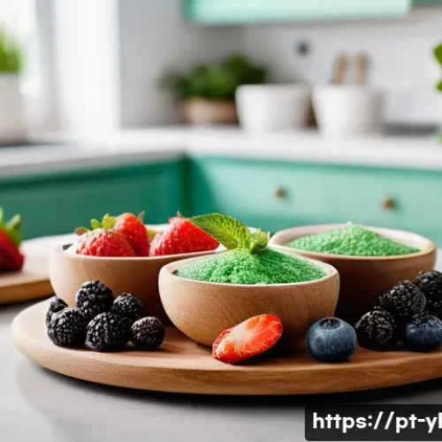 Home 33 당뇨인을 위한 건강 디저트 레시피 - A vibrant, close-up image of a healthy dessert table featuring natural sugar substitutes: small bowl...