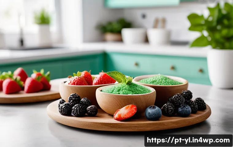 당뇨인을 위한 건강 디저트 레시피 - A vibrant, close-up image of a healthy dessert table featuring natural sugar substitutes: small bowl...