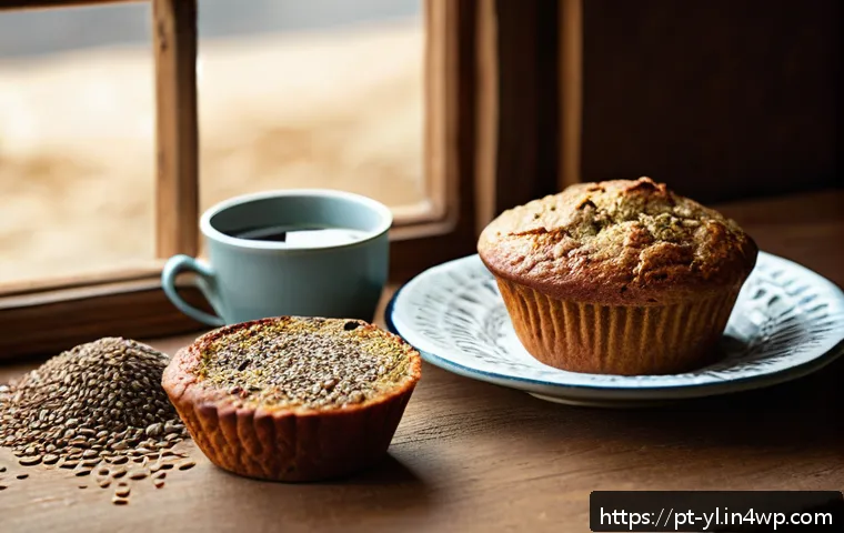 계란을 대체할 수 있는 건강한 방법 - A cozy kitchen scene featuring a rustic wooden table with freshly baked muffins made using flaxseed ...