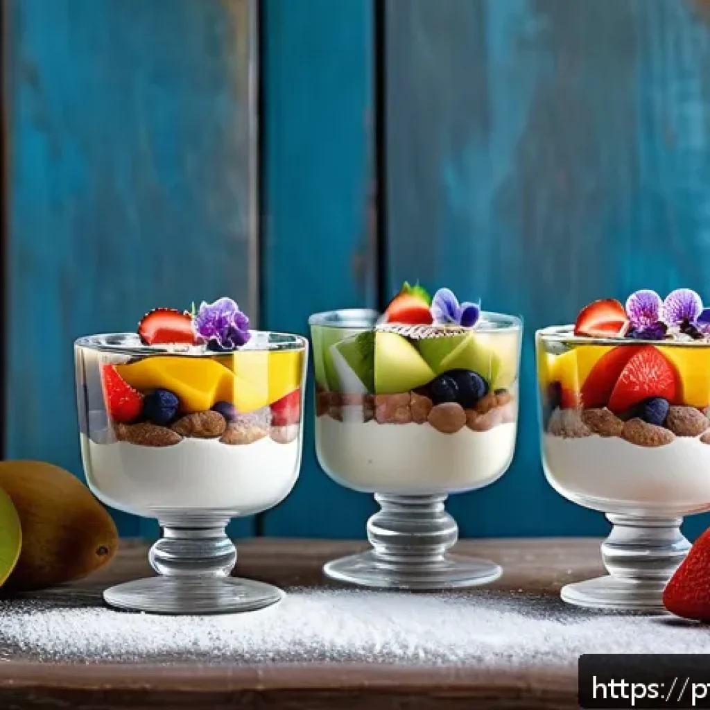 디저트의 맛을 살리는 조리법 - A beautifully styled dessert table featuring layered fruit parfaits in clear glass cups, each with a...
