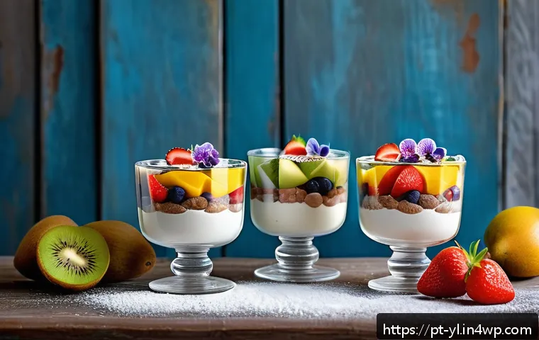 디저트의 맛을 살리는 조리법 - A beautifully styled dessert table featuring layered fruit parfaits in clear glass cups, each with a...