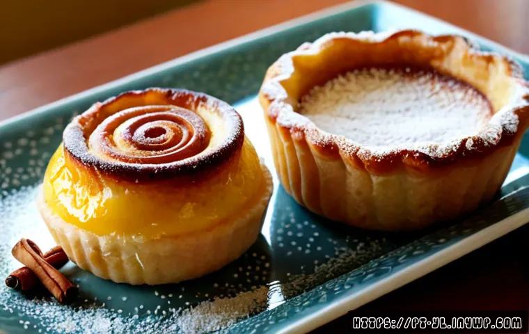 Home 17 디저트의 향미를 높이는 방법 - Photorealistic close-up of a Portuguese-style pastel de nata on a rustic ceramic plate, one tart fre...