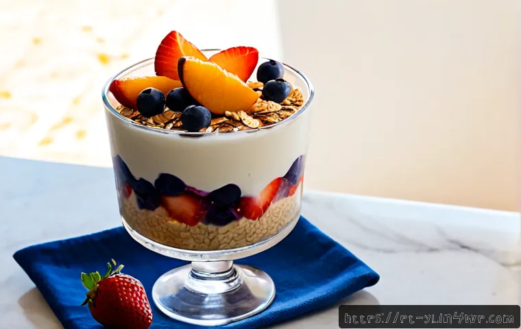 계절 과일을 활용한 건강 디저트 레시피 - Photorealistic healthy summer dessert in a bright Portuguese home kitchen, a clear glass parfait lay...