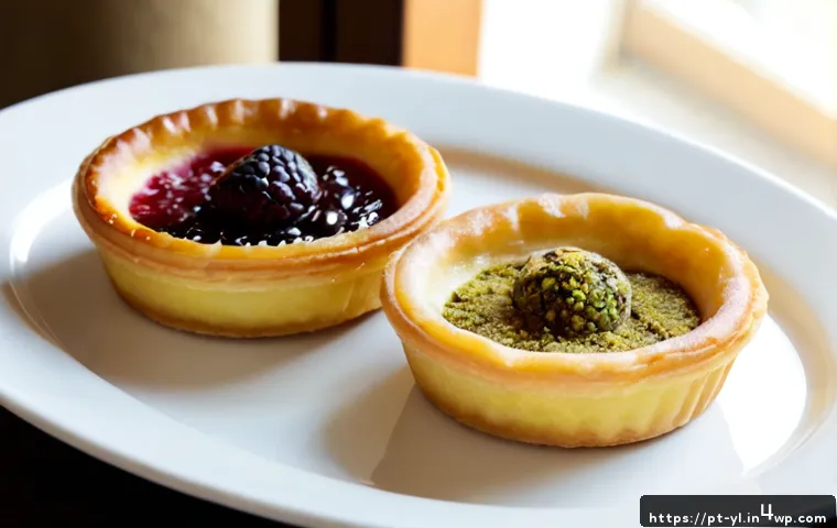 Home 17 전통 디저트를 현대적으로 재해석하기 - Photorealistic modern reinterpretation of Portuguese pastéis de nata, three delicate custard tartlet...